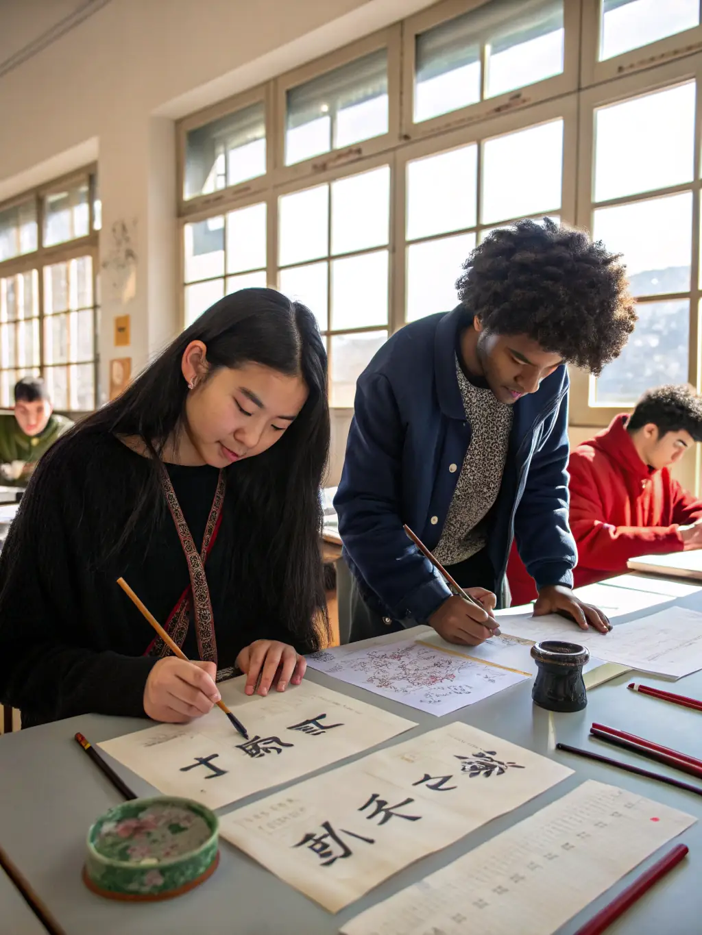 A photo of Mao, a Chinese teacher, in a classroom setting, teaching Mandarin to a diverse group of students.