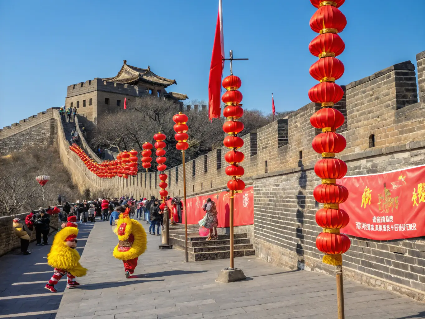 A group of diverse individuals celebrating Chinese New Year in a vibrant and culturally rich environment, showcasing the cultural immersion aspect of learning Mandarin.