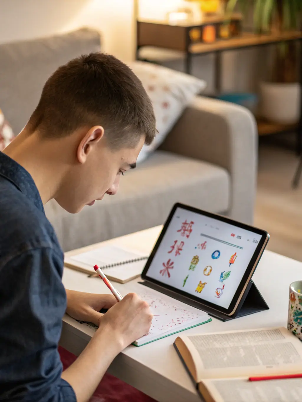 A student happily engaged in a Mandarin lesson, using a tablet with interactive learning apps.