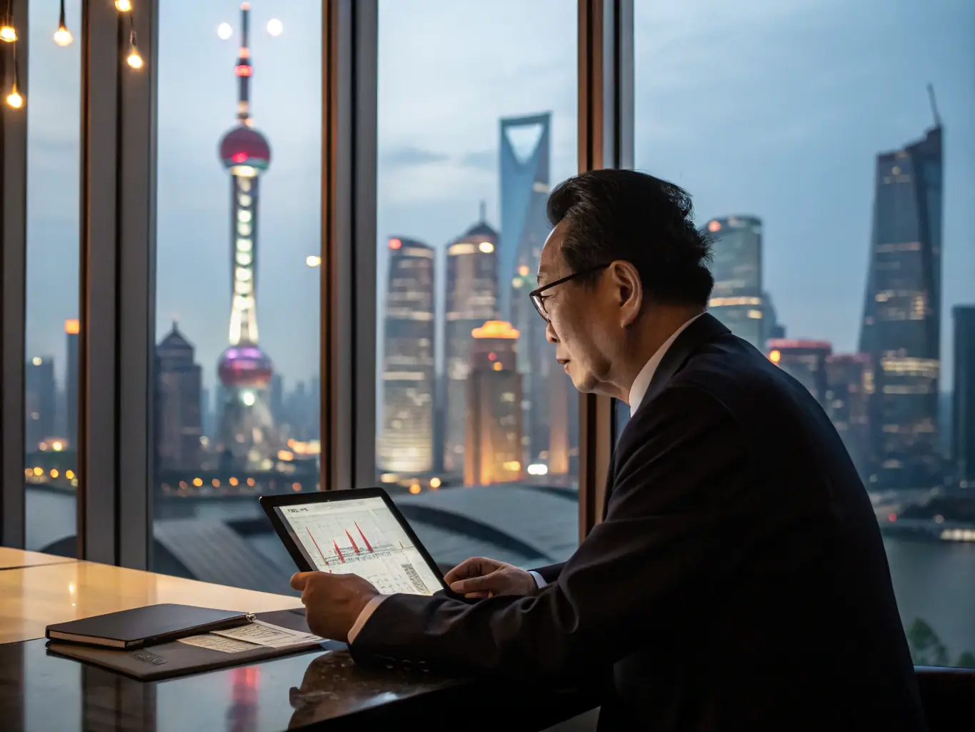 A professional business person confidently negotiating a deal in Mandarin in a modern office setting, symbolizing career advancement through language skills.