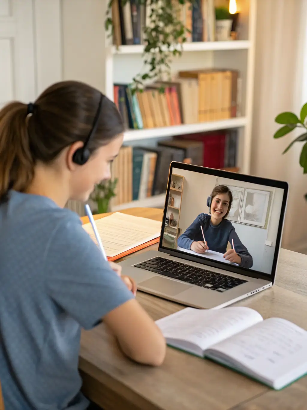 A focused young student engaged in a one-on-one Mandarin lesson online, interacting with a friendly tutor via video call, showcasing personalized attention and learning.