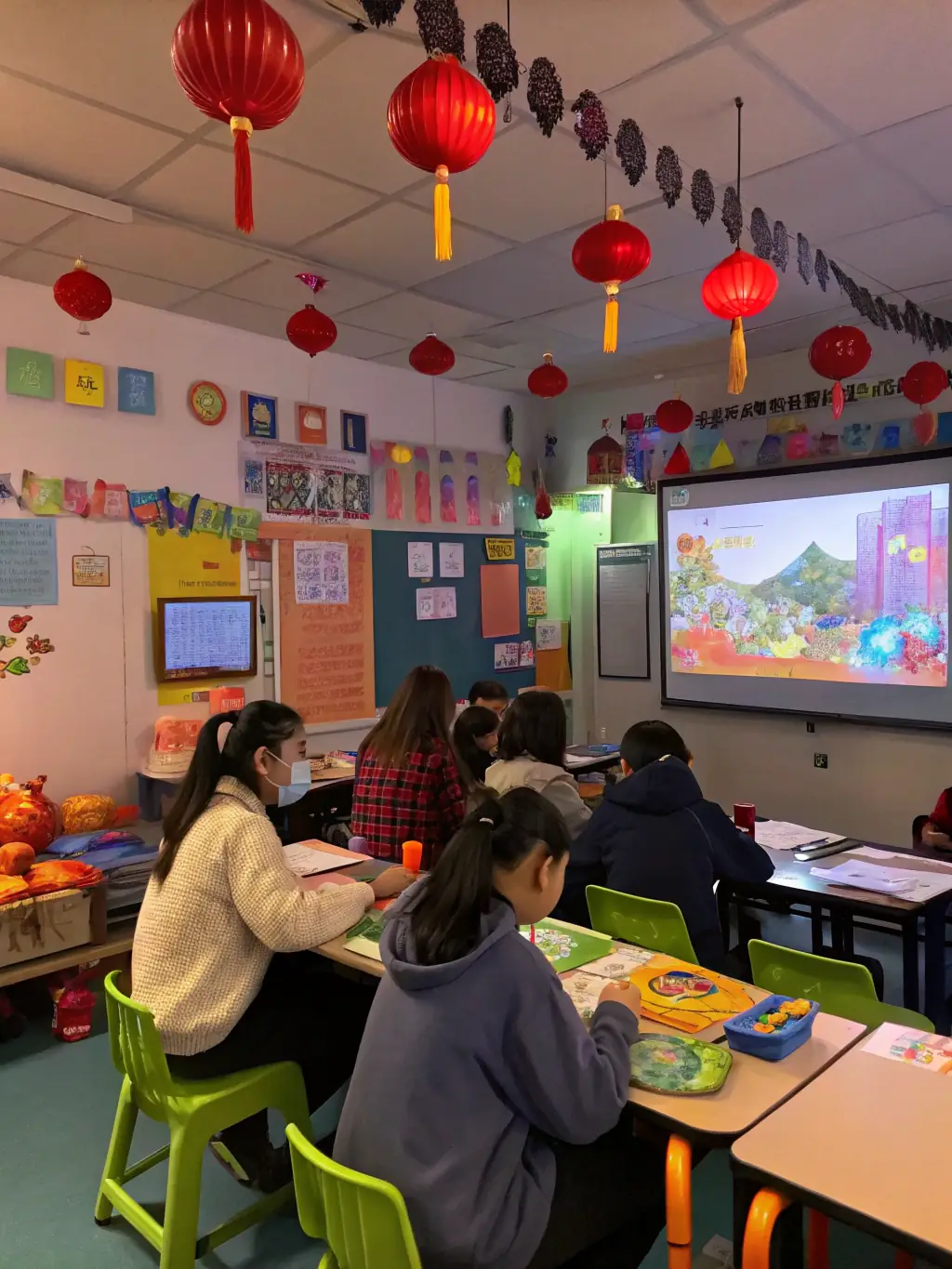 A group of children engaged in a lively Mandarin class, playing interactive games and practicing conversational skills, representing the intermediate level.