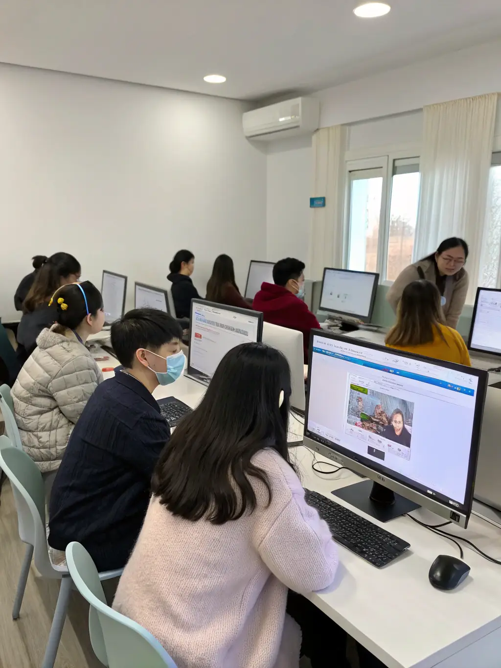 A small group of children happily participating in an interactive Mandarin class online, laughing and learning together with a cheerful instructor.