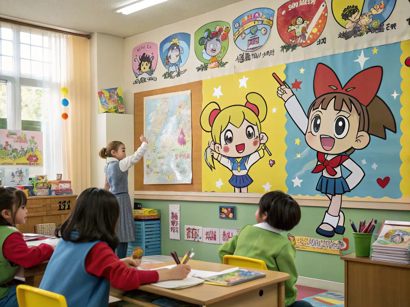 A vibrant image of young children happily participating in a Mandarin Chinese lesson, with colorful learning materials and a supportive instructor in the background, capturing the joy of learning.