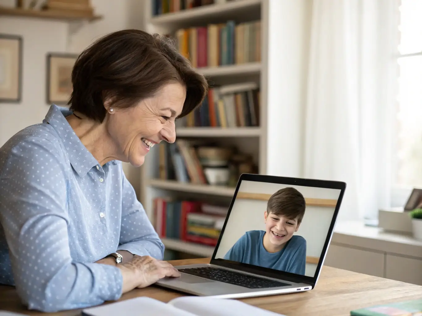 A friendly instructor engaging with a young student via a computer screen, with Mandarin characters displayed on the background, representing a one-on-one Mandarin lesson.