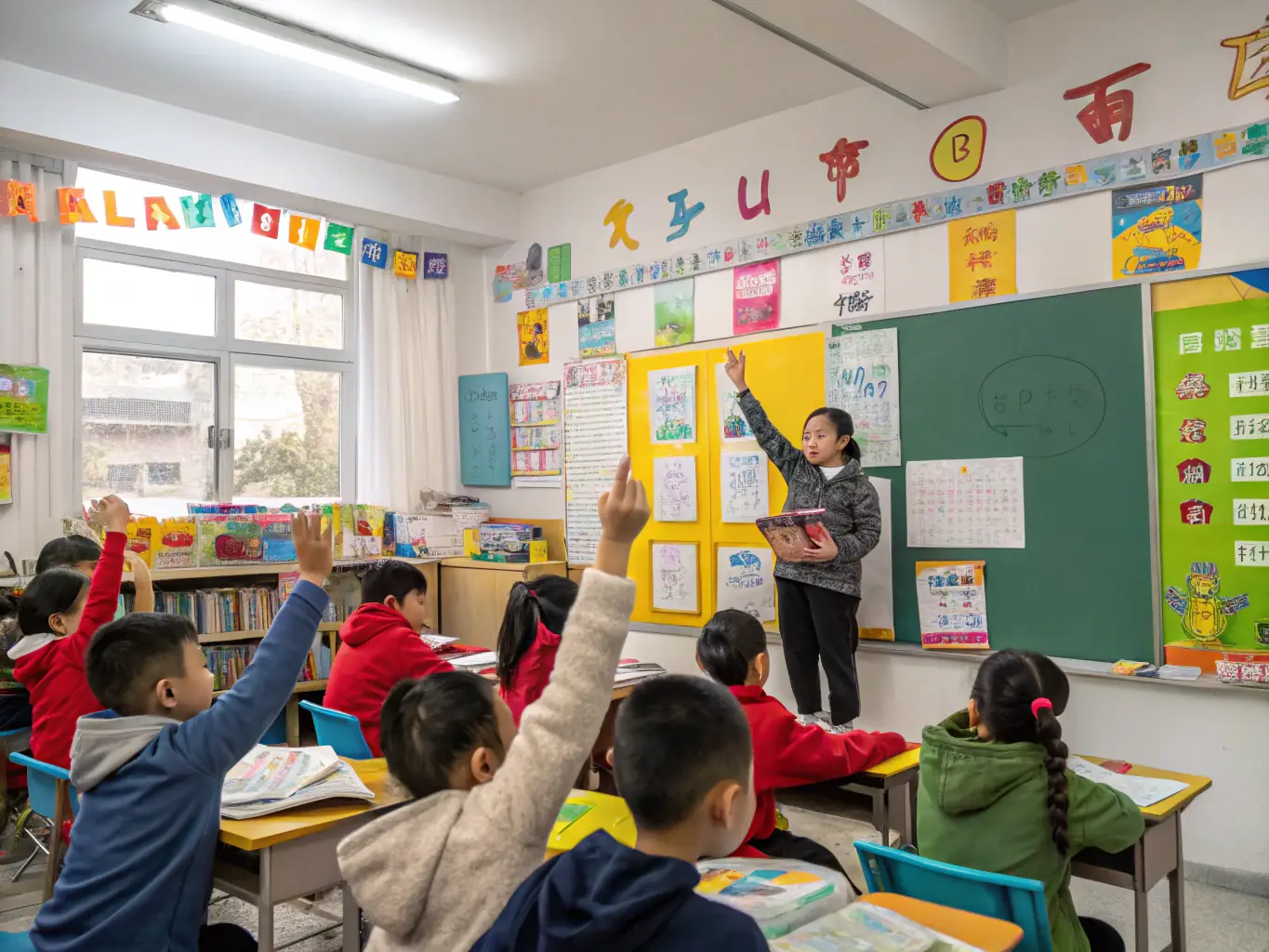 A virtual classroom with multiple children participating in a lively Mandarin language activity, guided by an instructor, showcasing a group Mandarin class.