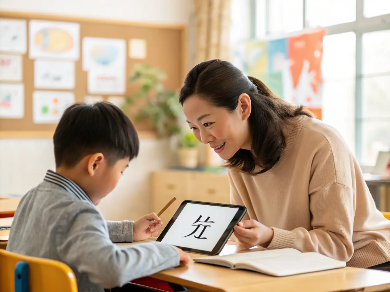 A teacher working with a parent and child on a personalized curriculum, with Mandarin books and digital resources, illustrating a customized language program.