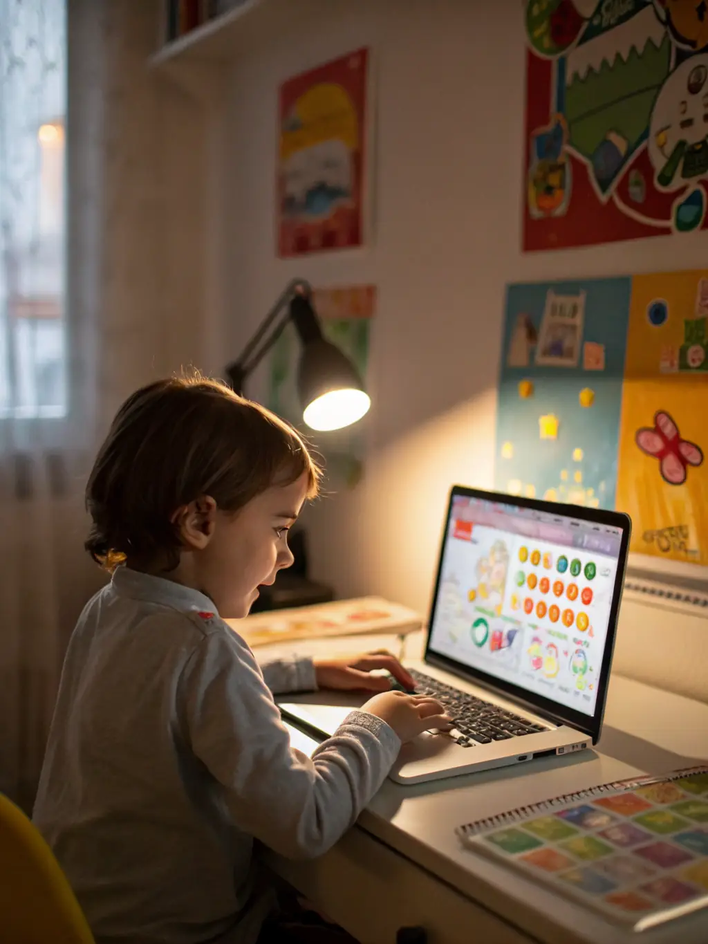 A young child happily participating in a Mandarin lesson, surrounded by colorful flashcards and learning materials, showcasing the beginner level.